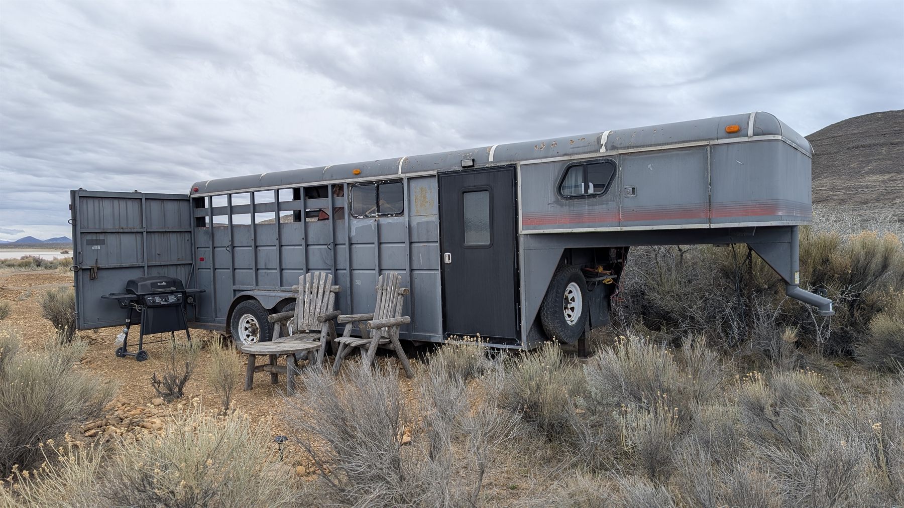 Seating set up outside the trailer in the open high desert